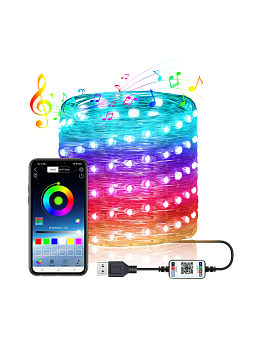 Умная гирлянда Kurato НИТЬ управление с телефона, 100 светодиодов, 10 метров, RGB